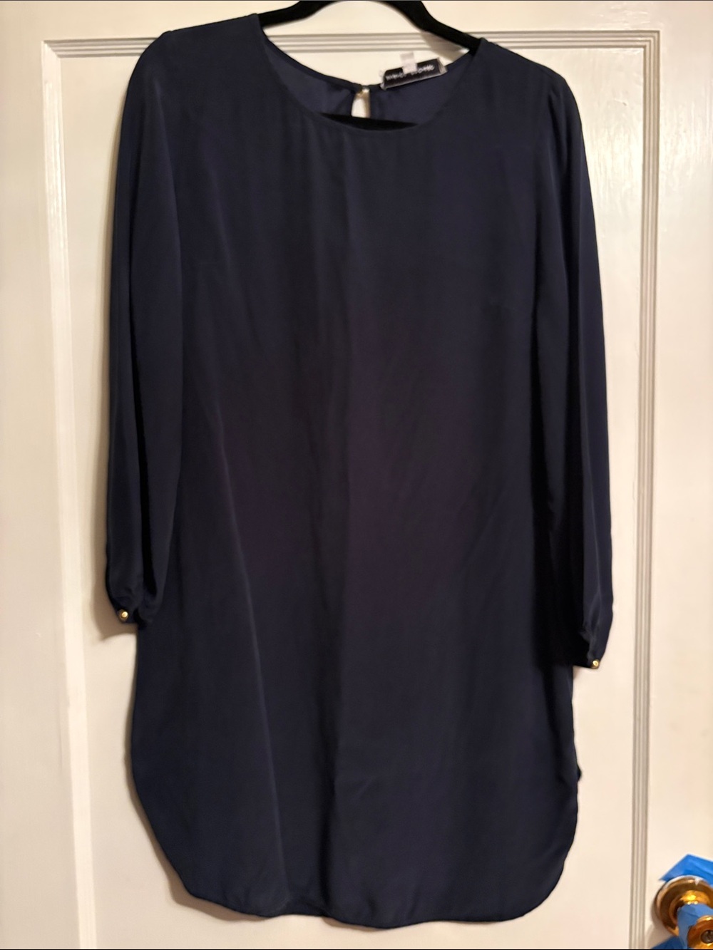100% Silk Navy Long Sleeve Shift Tunic with Gold-Tone Cuff Buttons
